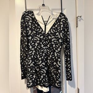 ALEXIS Long Sleeve Lace Romper with Plunging V-Neck; size XS